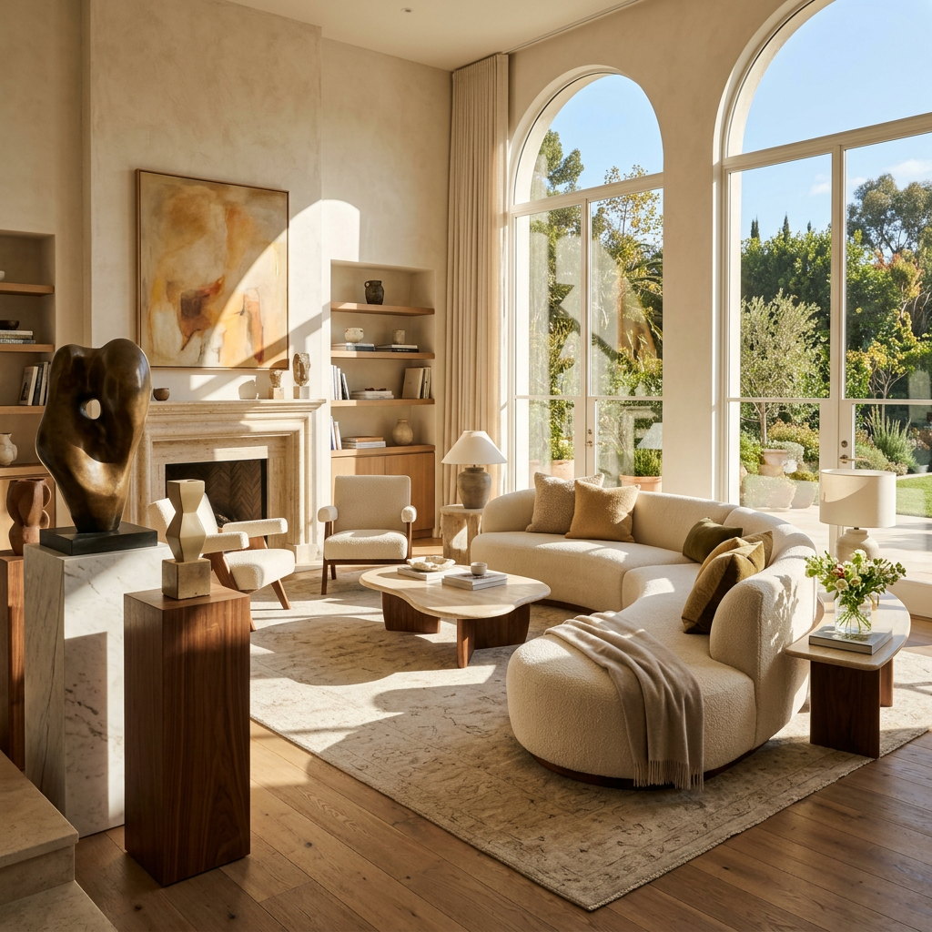 Sunlit modern living room with curved sofa, armchairs, abstract sculptures, and large arched windows overlooking greenery