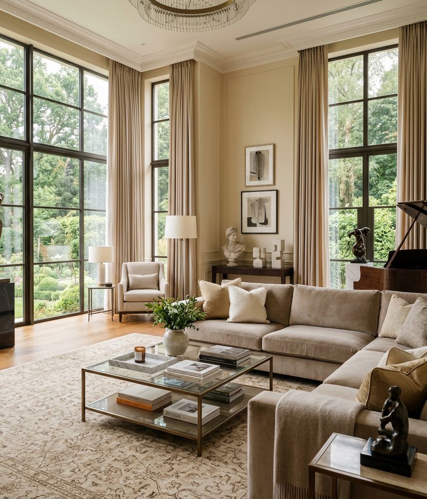 Bright living room with large floor-to-ceiling windows, beige sofa, sculptures, and glass coffee table