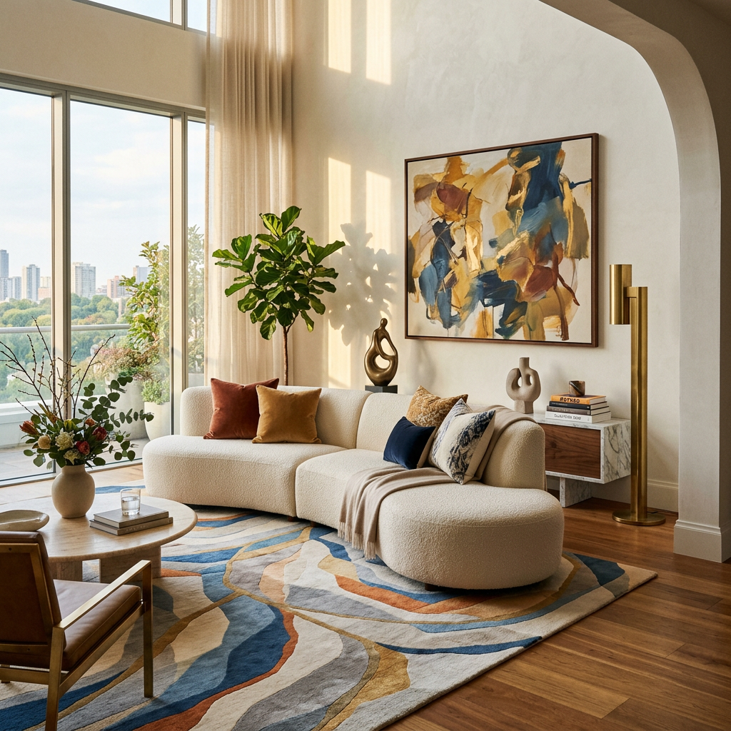 Living room with curved white sofa, colorful pillows, abstract painting, large plant, patterned rug, and city skyline through tall windows
