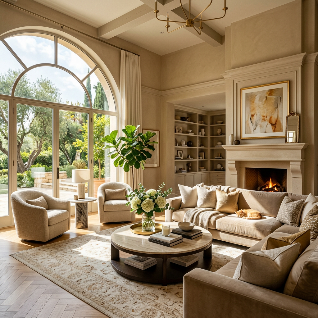 Spacious living room with large arched window, beige sofas, fireplace, and decorative shelves