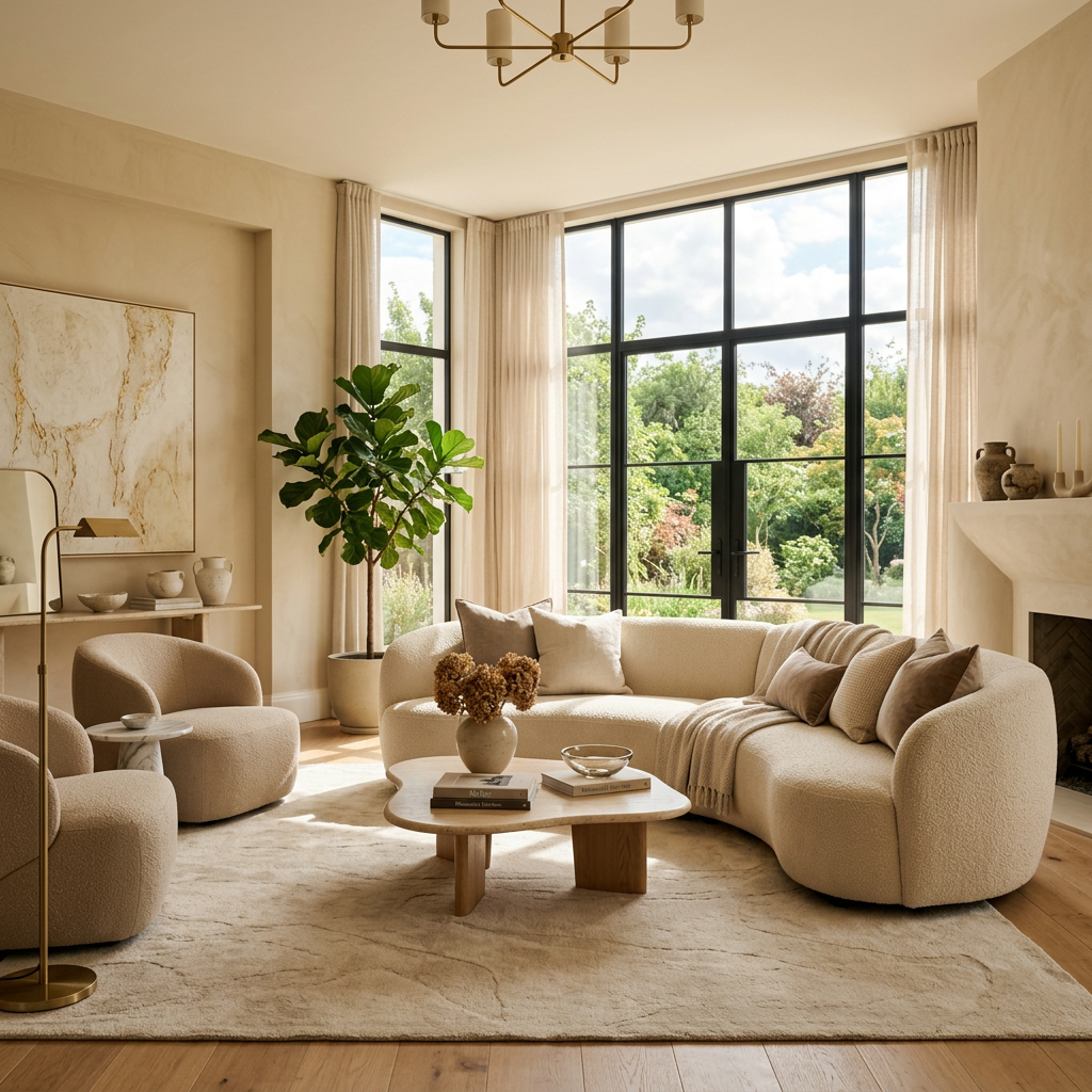 Modern living room with beige curved sofa, armchairs, wooden coffee table, and large windows