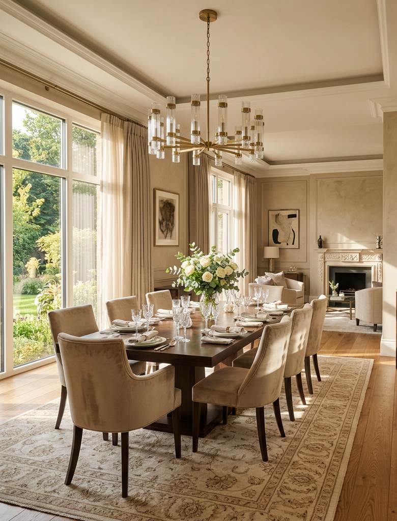 Luxurious beige dining room with streaming light, sculptures