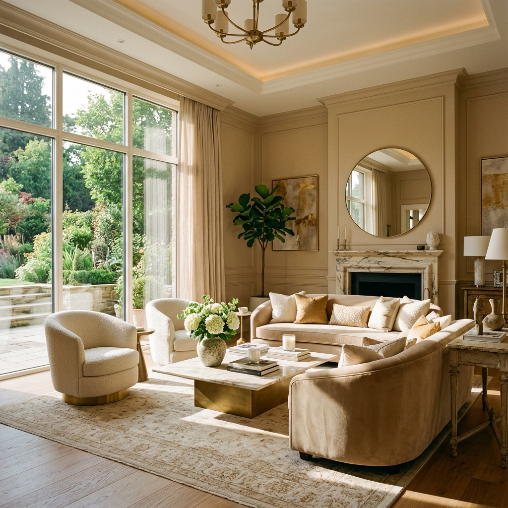 Spacious living room with beige sofa, armchairs, marble fireplace, and large windows