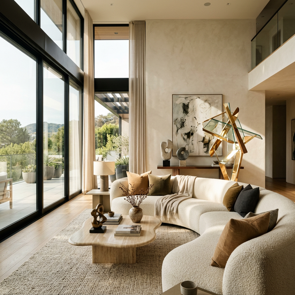 Spacious modern living room with curved white sofa, large floor-to-ceiling windows, and abstract art