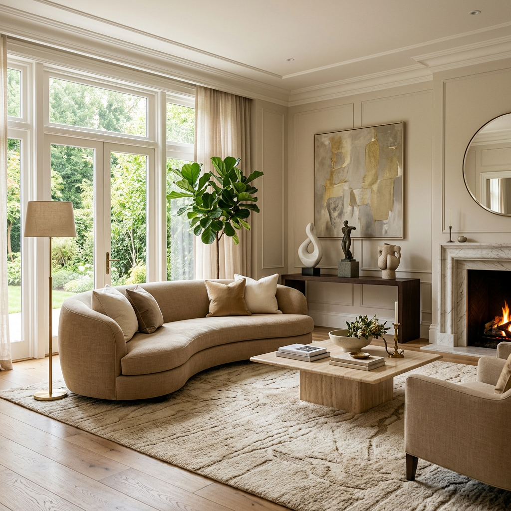 Living room with curved beige sofa, abstract art, fireplace, and large windows