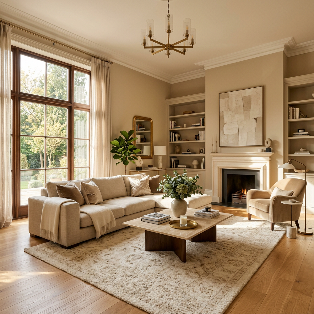 Bright living room with beige sofa, armchair, fireplace, and large window