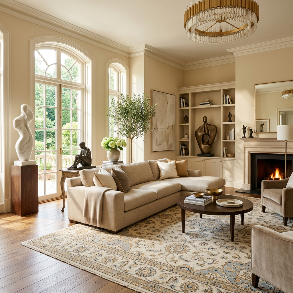 Bright living room with large windows, beige sectional sofa, modern sculptures, and fireplace