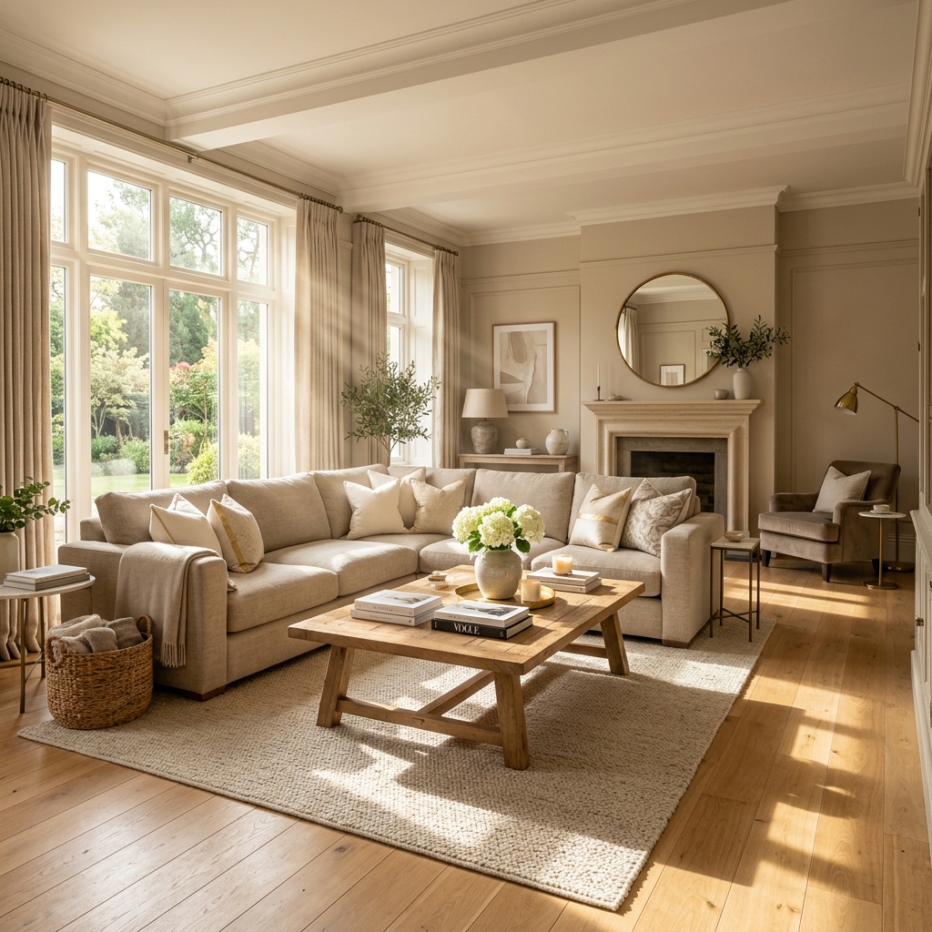 Spacious living room with large beige sectional sofa, wooden coffee table, and bright natural light from tall windows