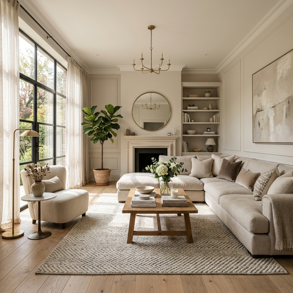Modern living room with beige sectional sofa, wooden coffee table, and large windows