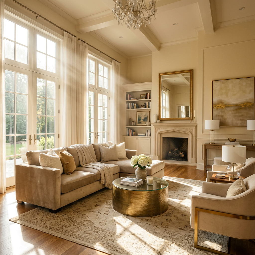 Sunlit living room with beige sectional sofa, armchairs, and fireplace