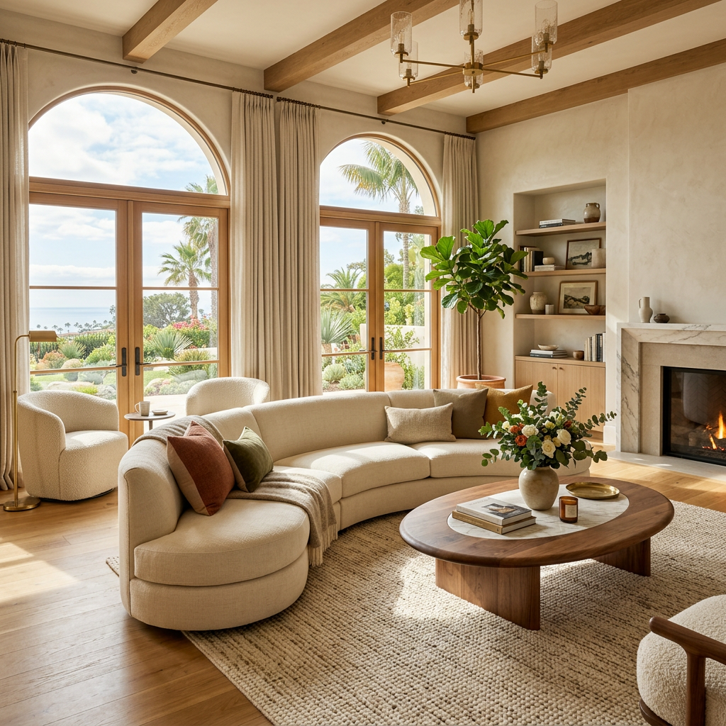 Living room with curved beige sofa, round wooden coffee table, fireplace, and large arched windows overlooking garden and ocean.