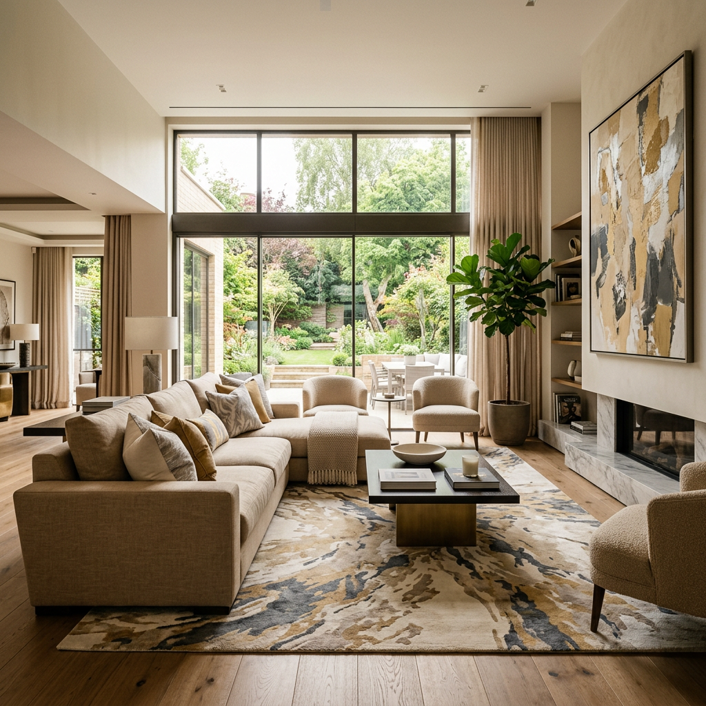 Living room with beige sofa, armchairs, coffee table, large windows, and garden view