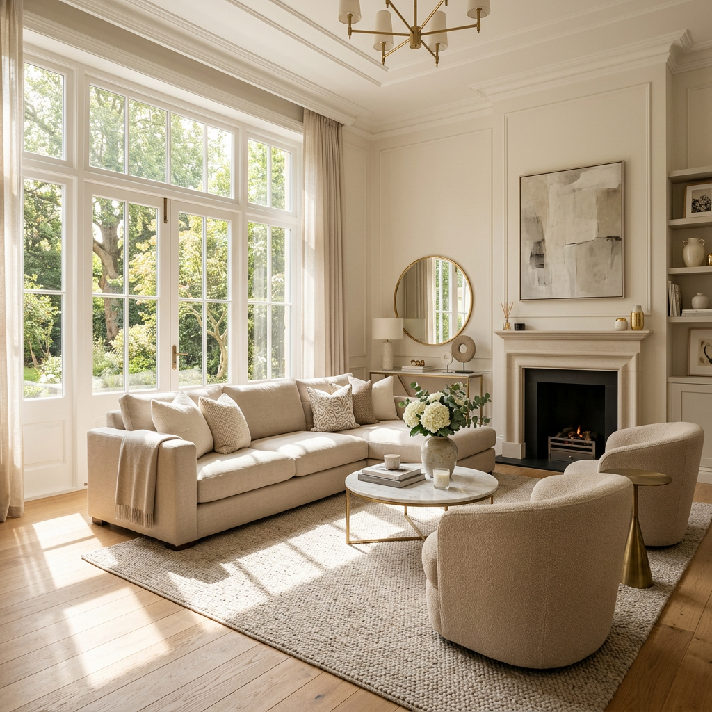 Bright living room with beige sofa, armchairs, round coffee table, and fireplace