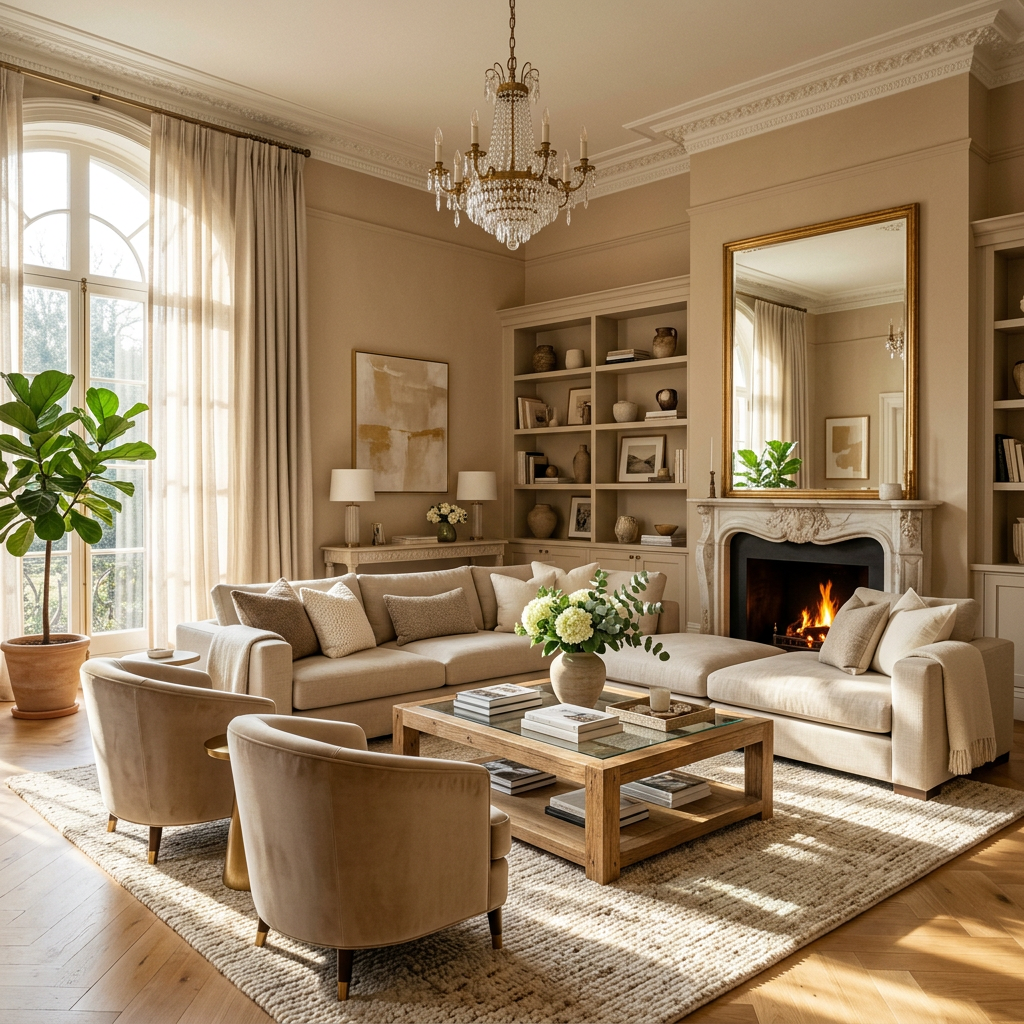 Living room with beige sofas, wooden coffee table, fireplace, chandelier, large window, and indoor plant