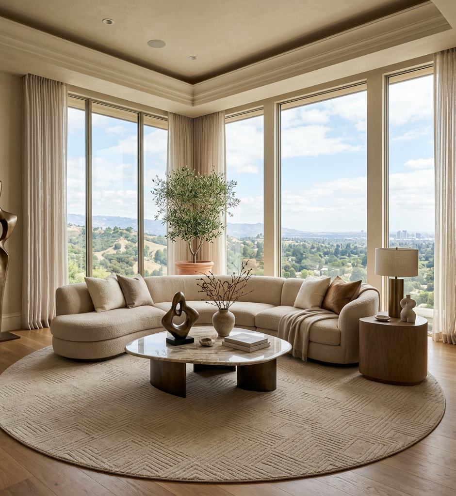 Curved beige sofa in front of large floor-to-ceiling windows showing hills and city skyline