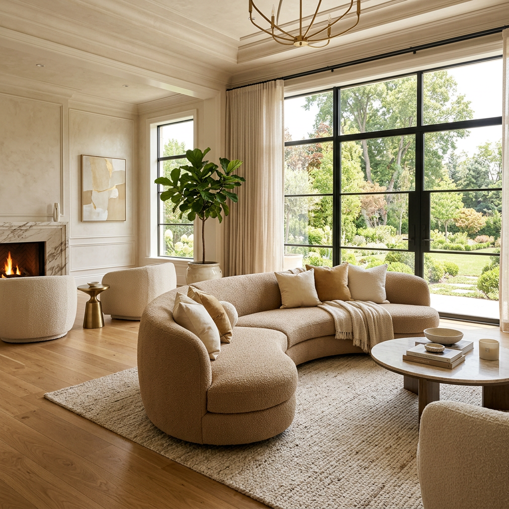 Neutral-toned living room with curved sofa, round coffee table, fireplace, and large black-framed windows overlooking greenery