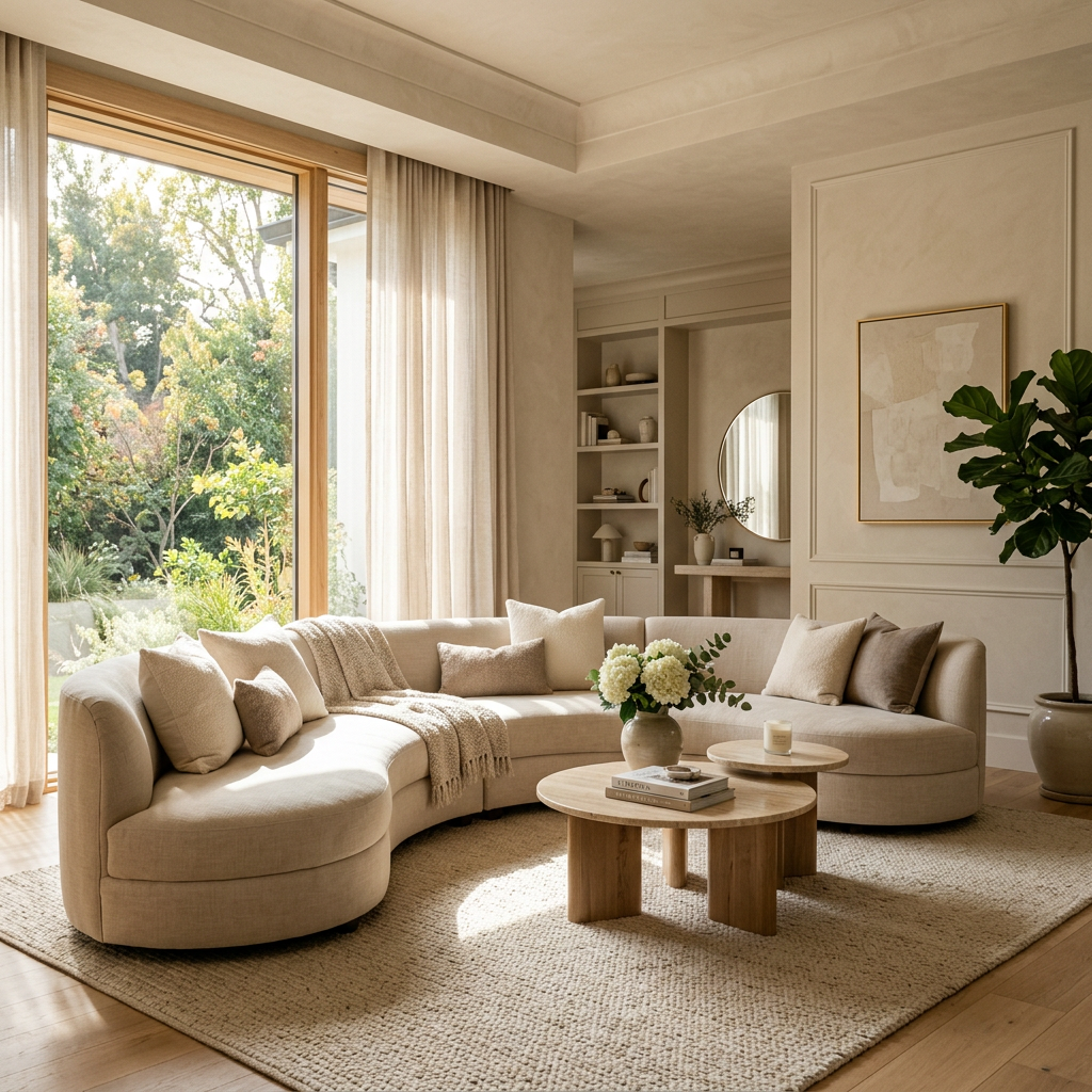 Curved beige sofa with cushions in a bright living room