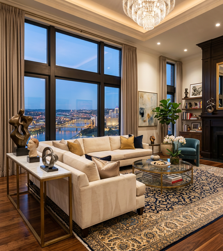 Elegant living room with large windows showing cityscape, cream sofas, and decorative art pieces