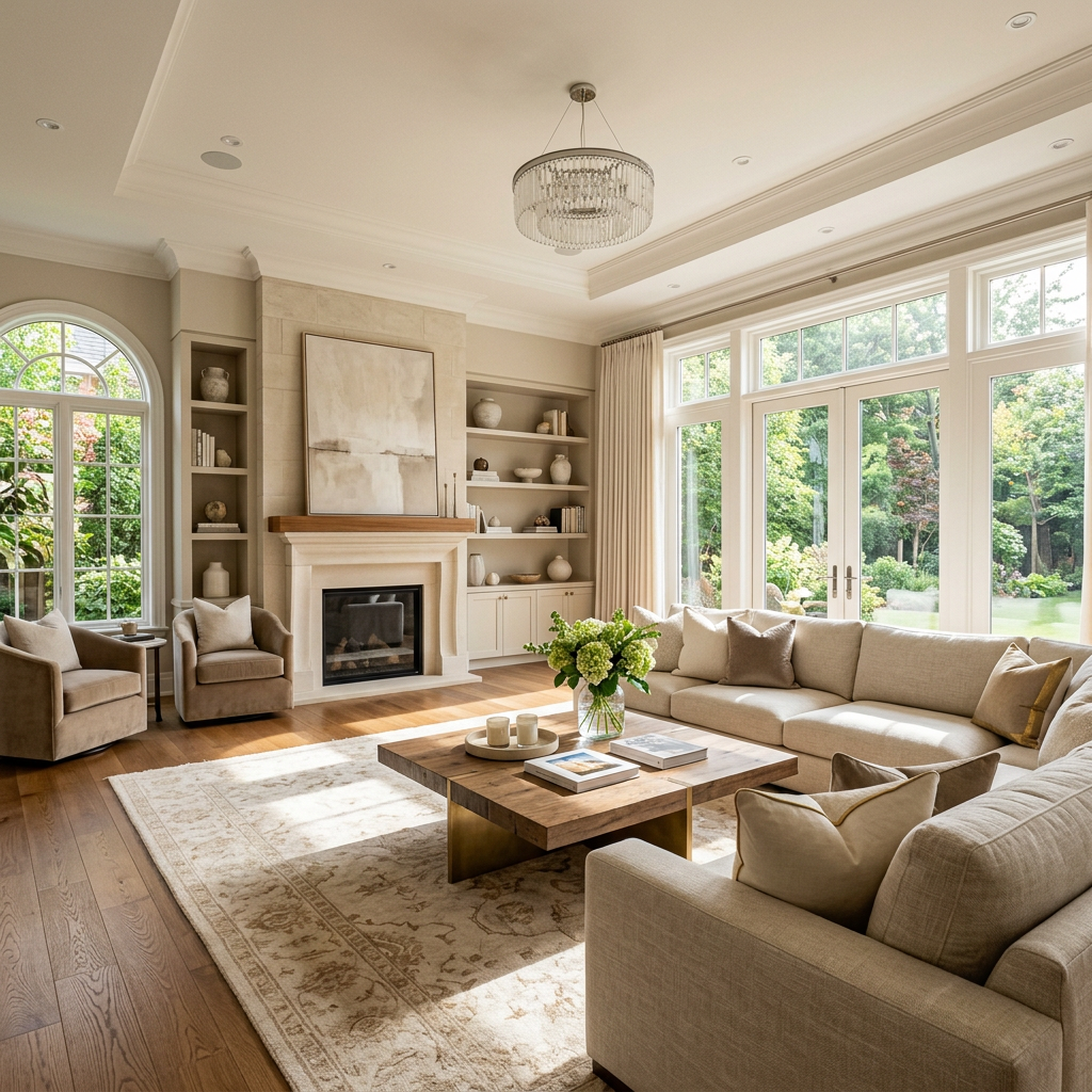 Living room with large beige sectional sofa, wooden coffee table, fireplace, built-in shelves, and large windows overlooking a garden