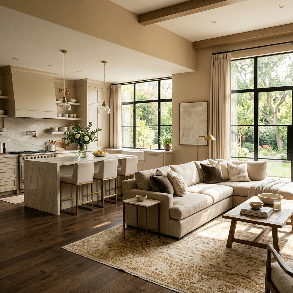 Open-concept kitchen and living room with beige sofa, kitchen island, and large windows