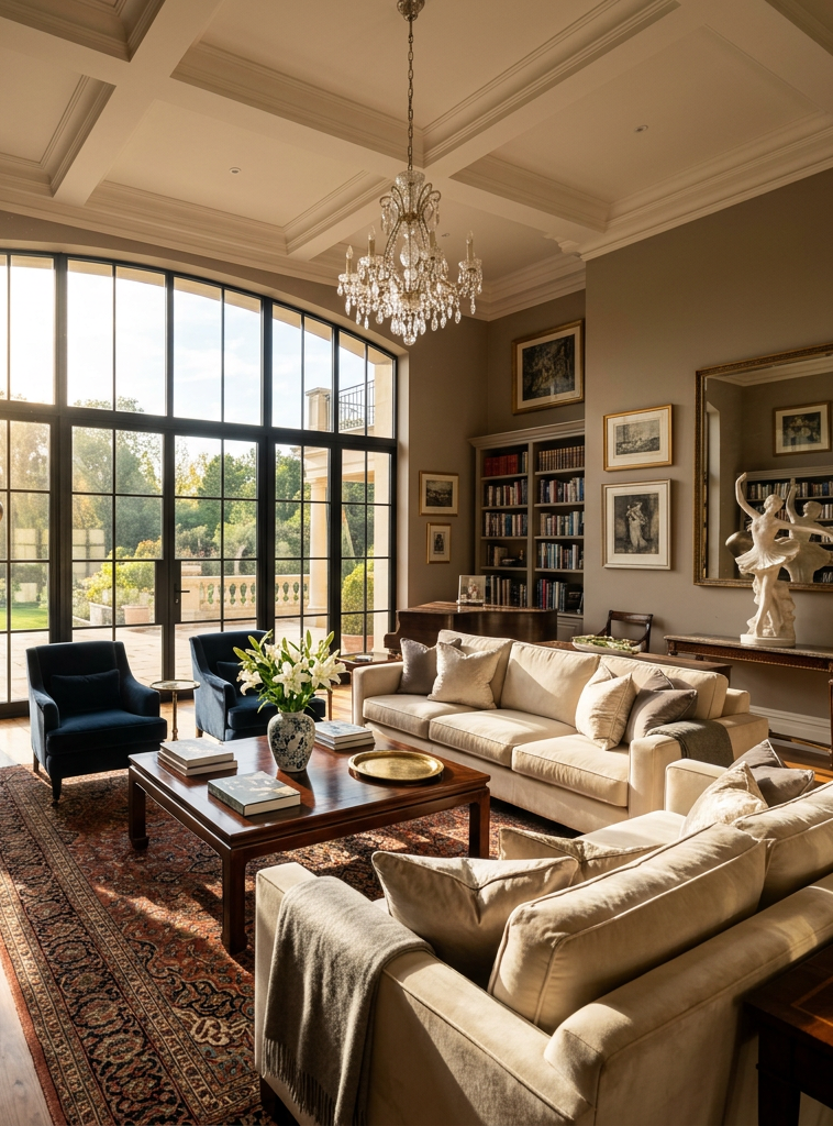 Spacious living room with cream sofas, navy chairs, large arched windows, sculptures, and chandelier