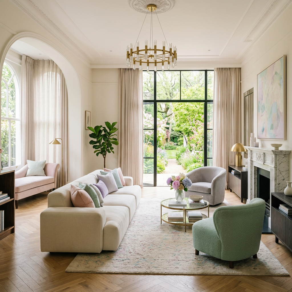 Living room with cream sofa, pastel cushions, green armchair, and large window showing garden