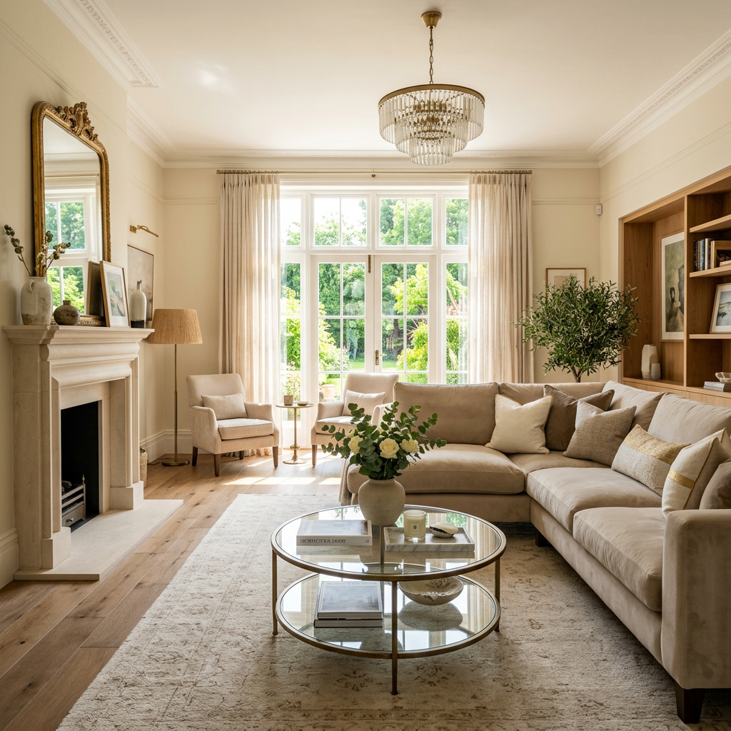 Luxurious beige living room, streaming window light