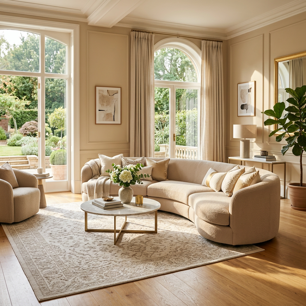 Luxurious sunlit beige living room with rounded sofa