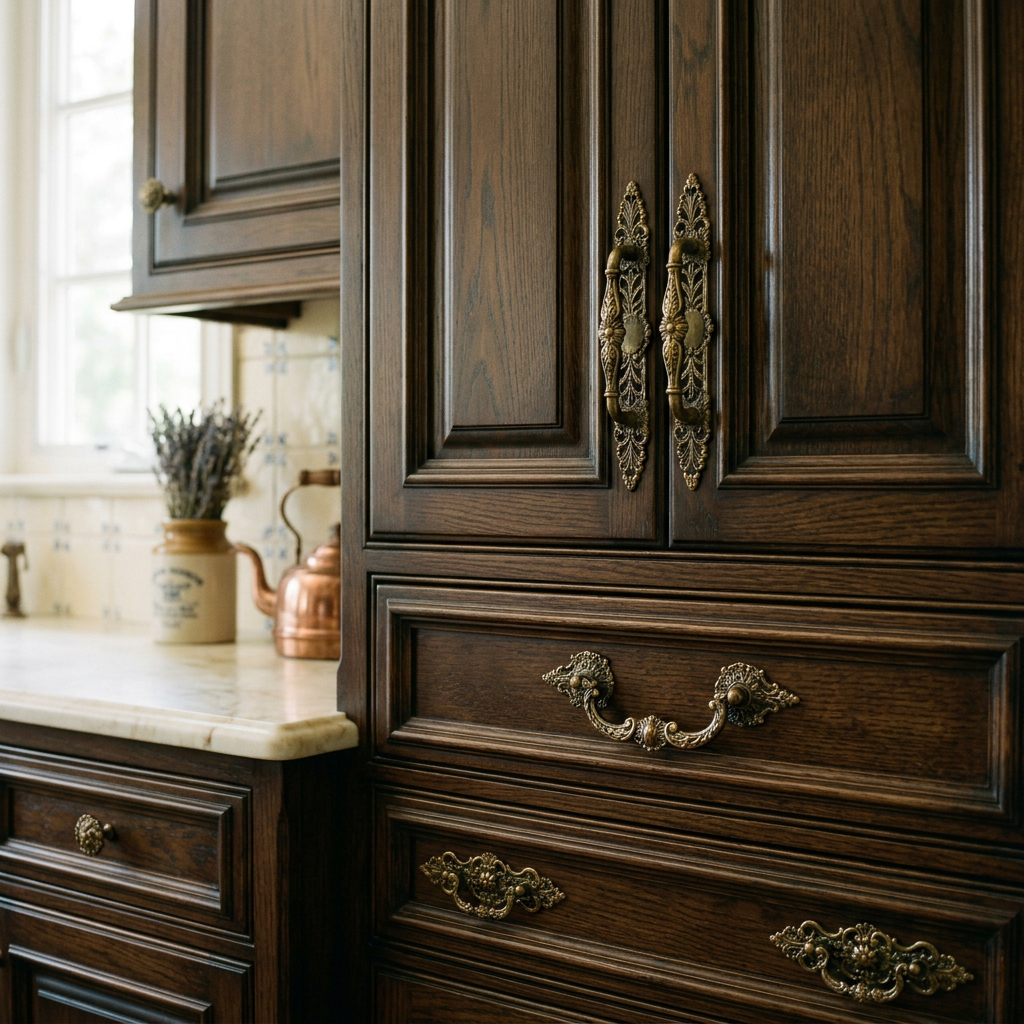 Dark wood kitchen cabinets featuring ornate brass handles and knobs