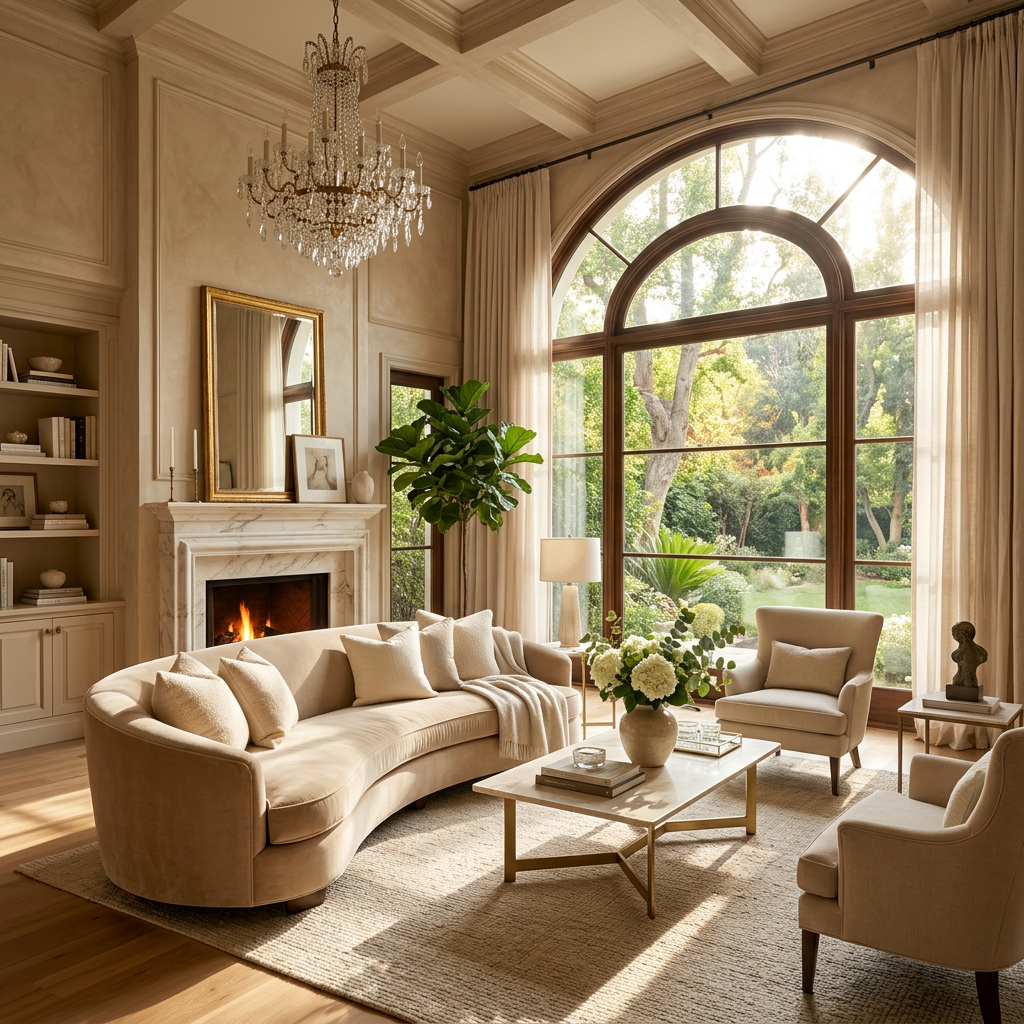 Luxurious beige living room with streaming light