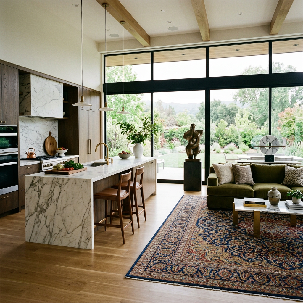 Open kitchen with marble island, wooden stools, green sofa, and large windows showing garden