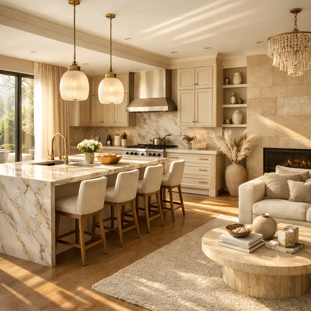 Modern kitchen with marble island and beige living room with fireplace
