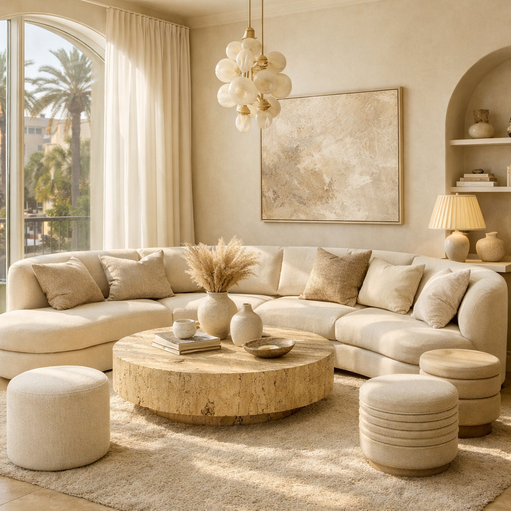 Curved beige sofa with cushions around a round wooden coffee table in a sunlit living room