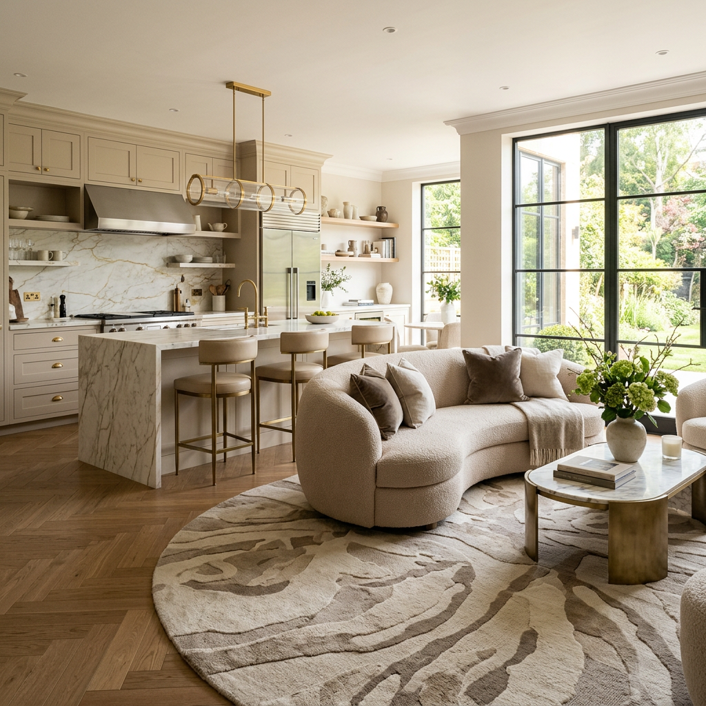 Open-plan kitchen with marble island and curved sofa in living area
