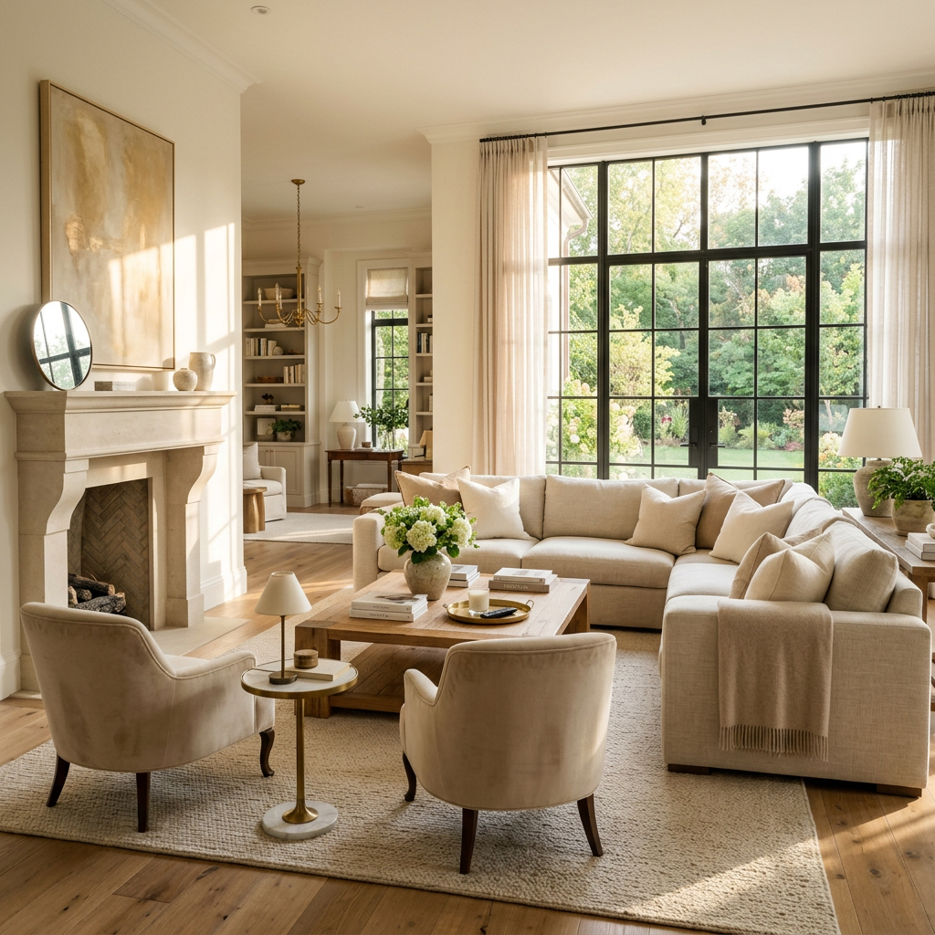 Living room with beige sectional sofa, armchairs, fireplace, and large window showing garden