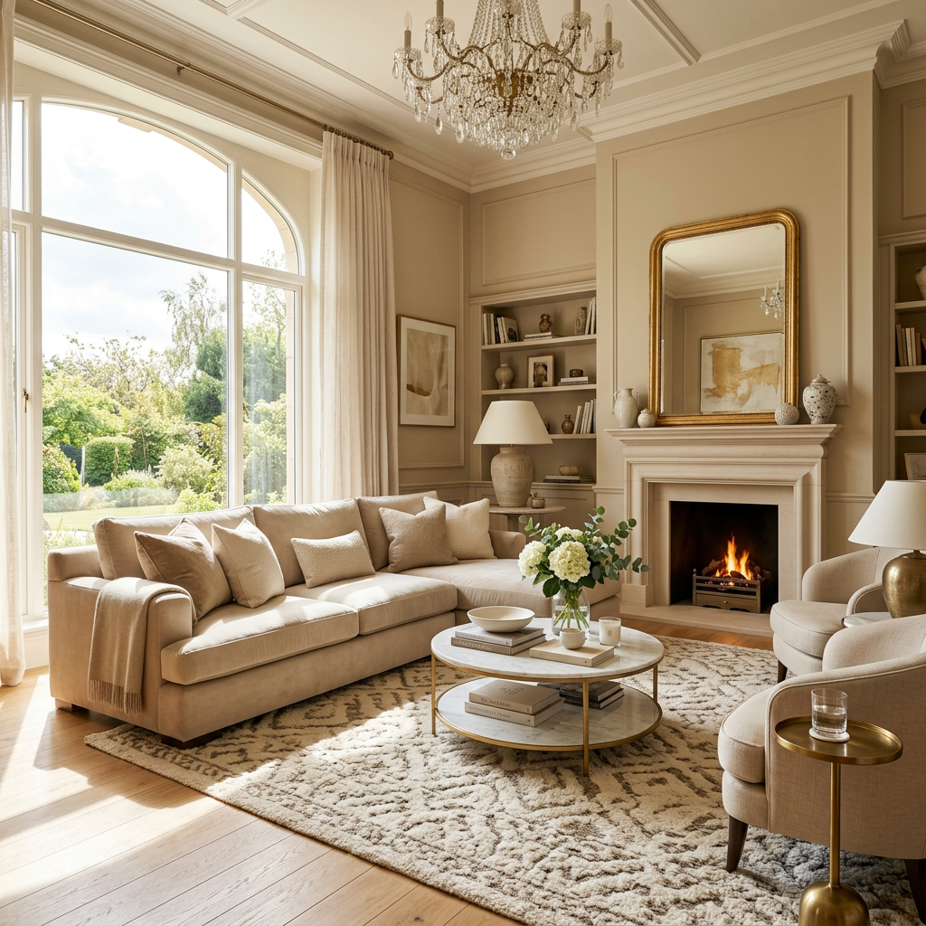 Beige living room with sectional sofa, fireplace, and large window