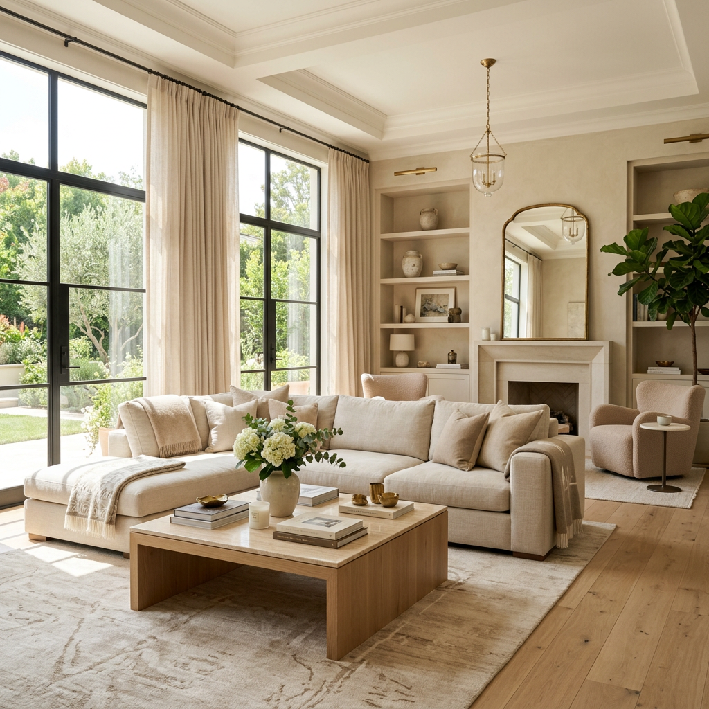 Beige sectional sofa with cushions in a bright living room with large windows and natural light