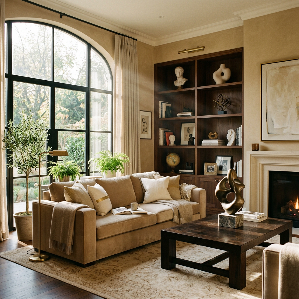 Cozy beige sofa with cushions and blankets near large arched window and wooden bookshelf.