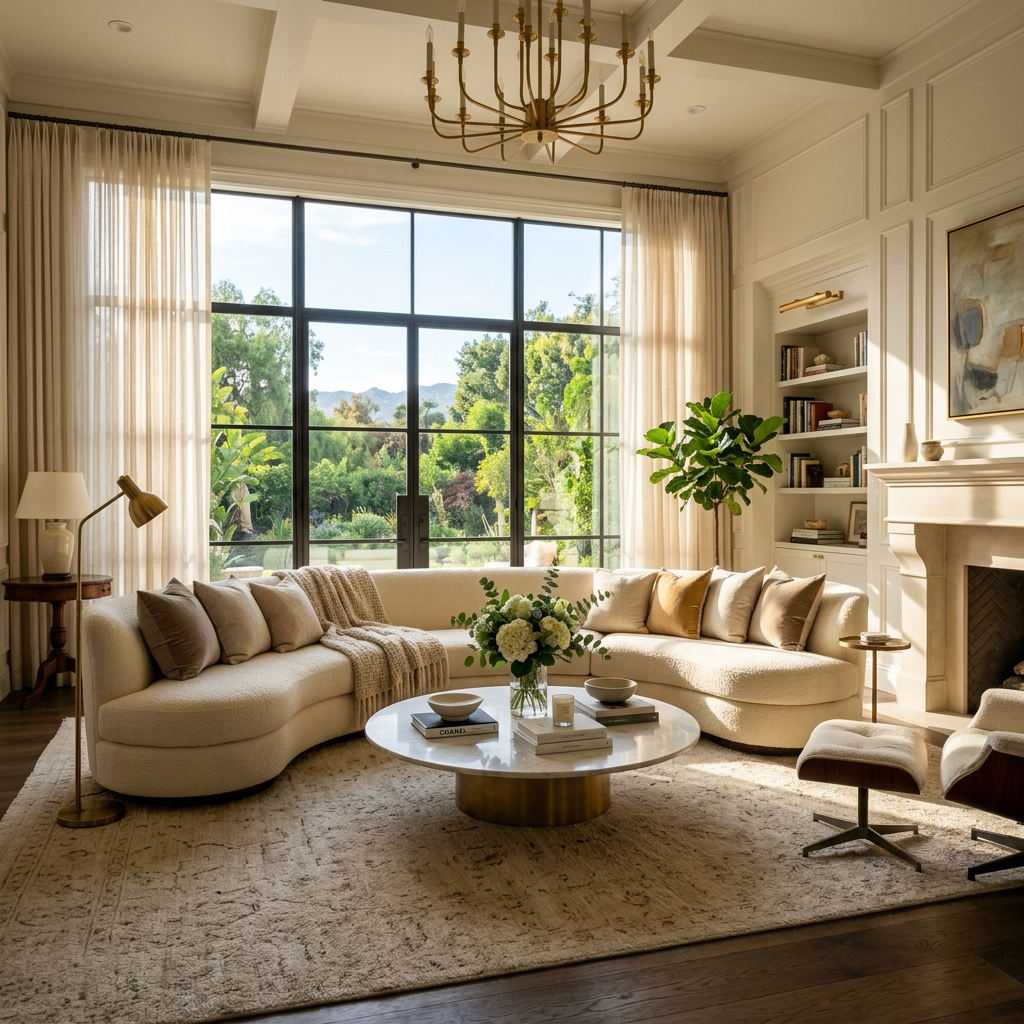 Cozy living room with curved cream sofa, round coffee table, large window with garden view