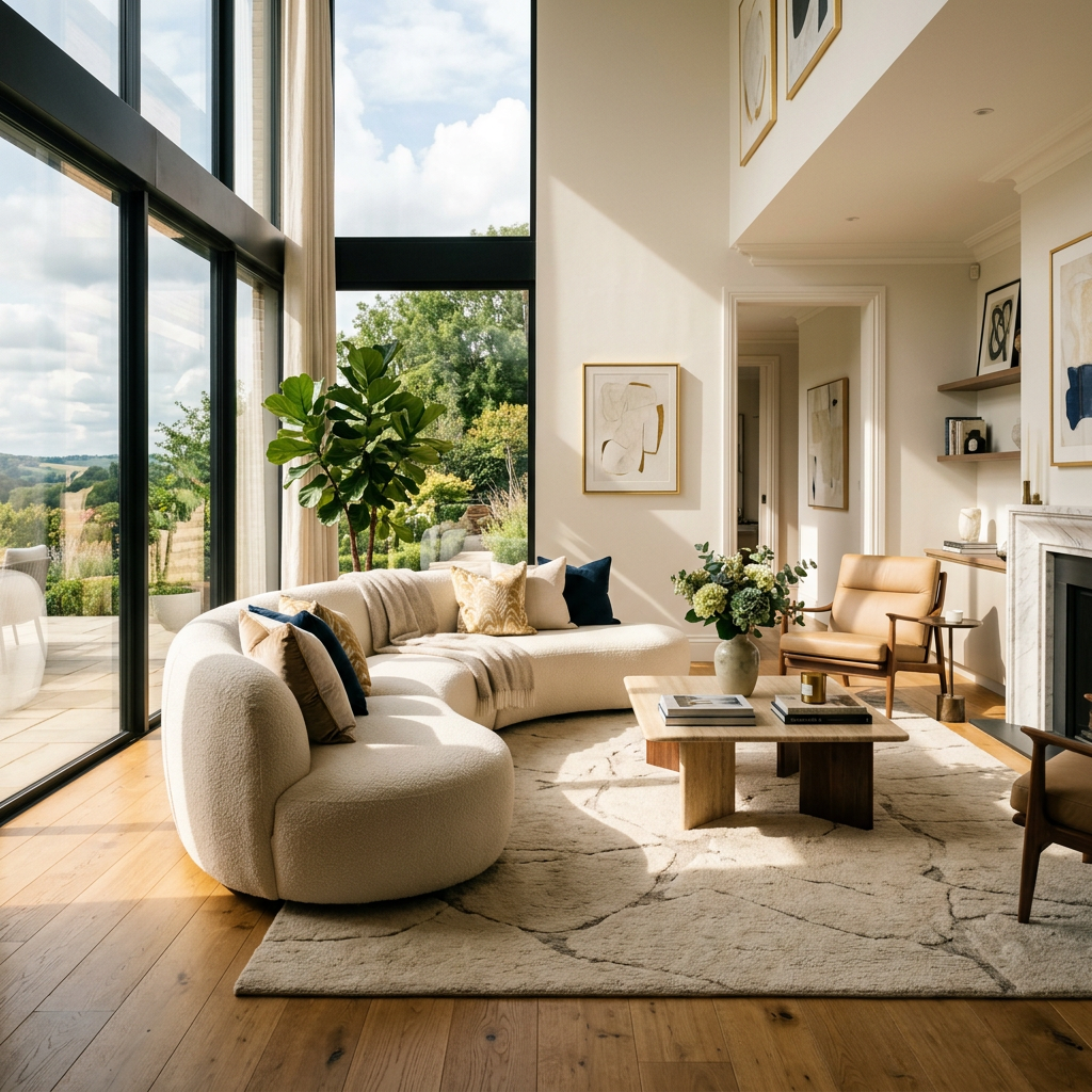 Living room with curved white sofa, light wooden coffee table, armchairs, large windows, indoor plant, and framed abstract art.