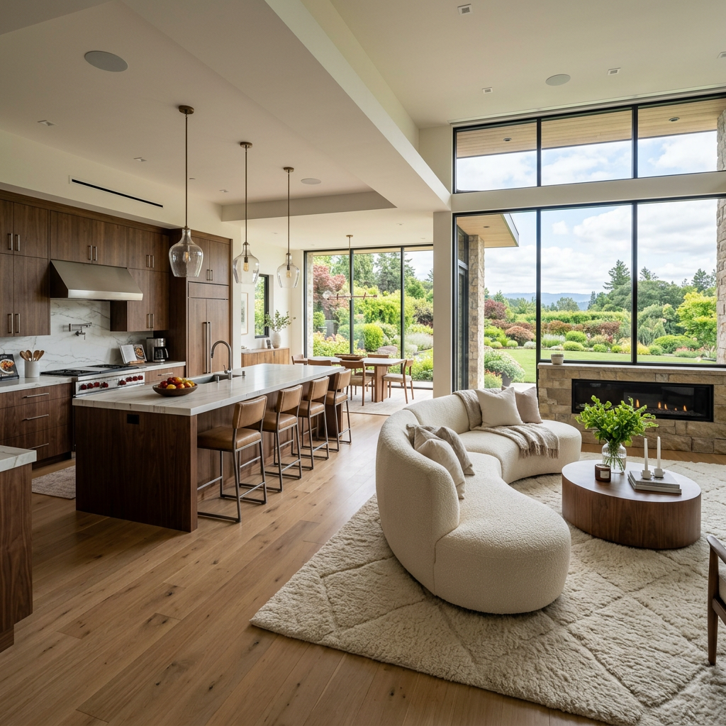 Open kitchen with wooden cabinetry and island, curved white sofa in living area, large windows with garden view