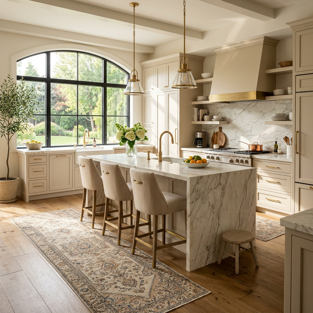 Luxurious beige kitchen with streaming light and rug