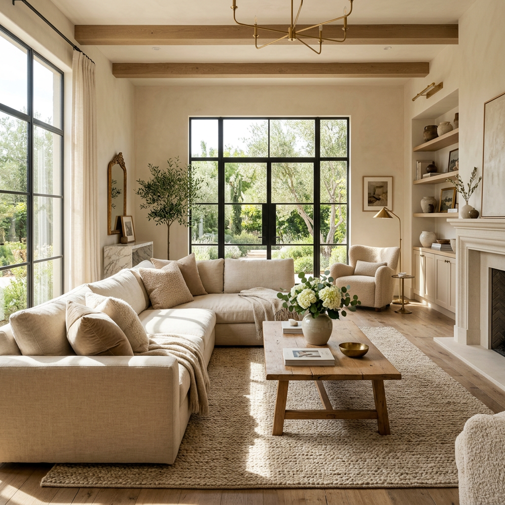 Cozy living room with beige sectional sofa, wooden coffee table, and large windows