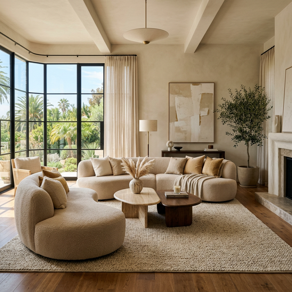 Living room with curved beige sofas, wooden tables, and floor-to-ceiling windows