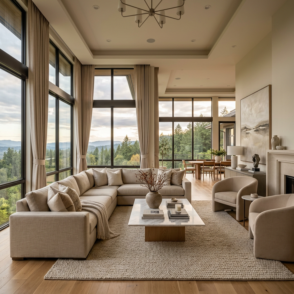 Living room with beige sectional sofa, armchairs, coffee table, and large windows showing trees and hills