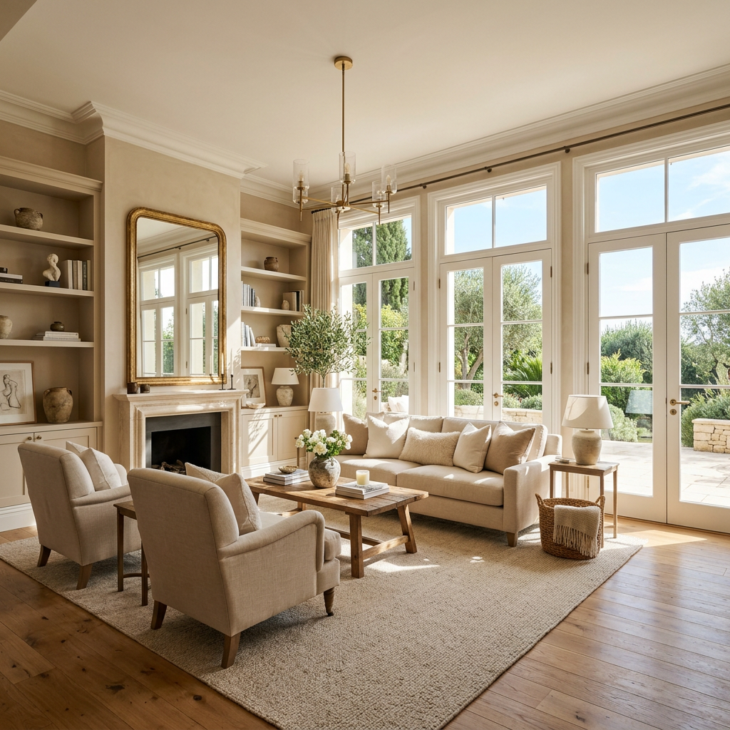 Living room with beige sofa, armchairs, wooden coffee table, fireplace, and large windows showing outdoor greenery
