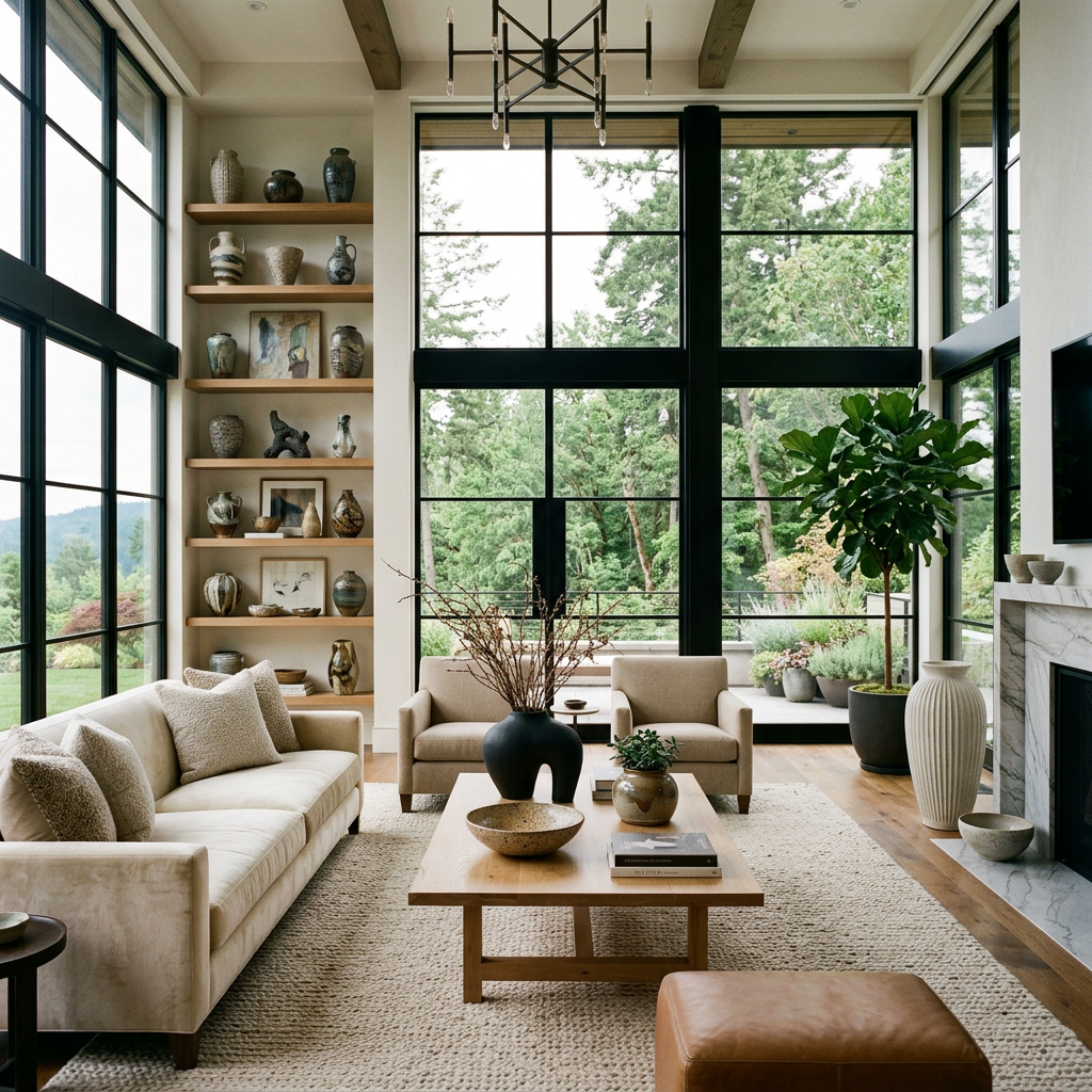 Modern living room with beige sofas, large black-framed windows, and decorative pottery on shelves.