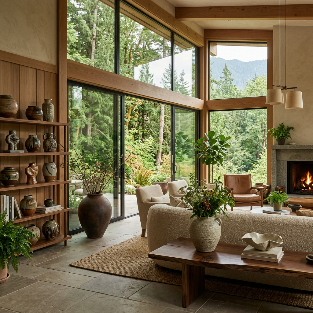 Luxurious nature-inspired interior with ceramics and floor-to-ceiling windows