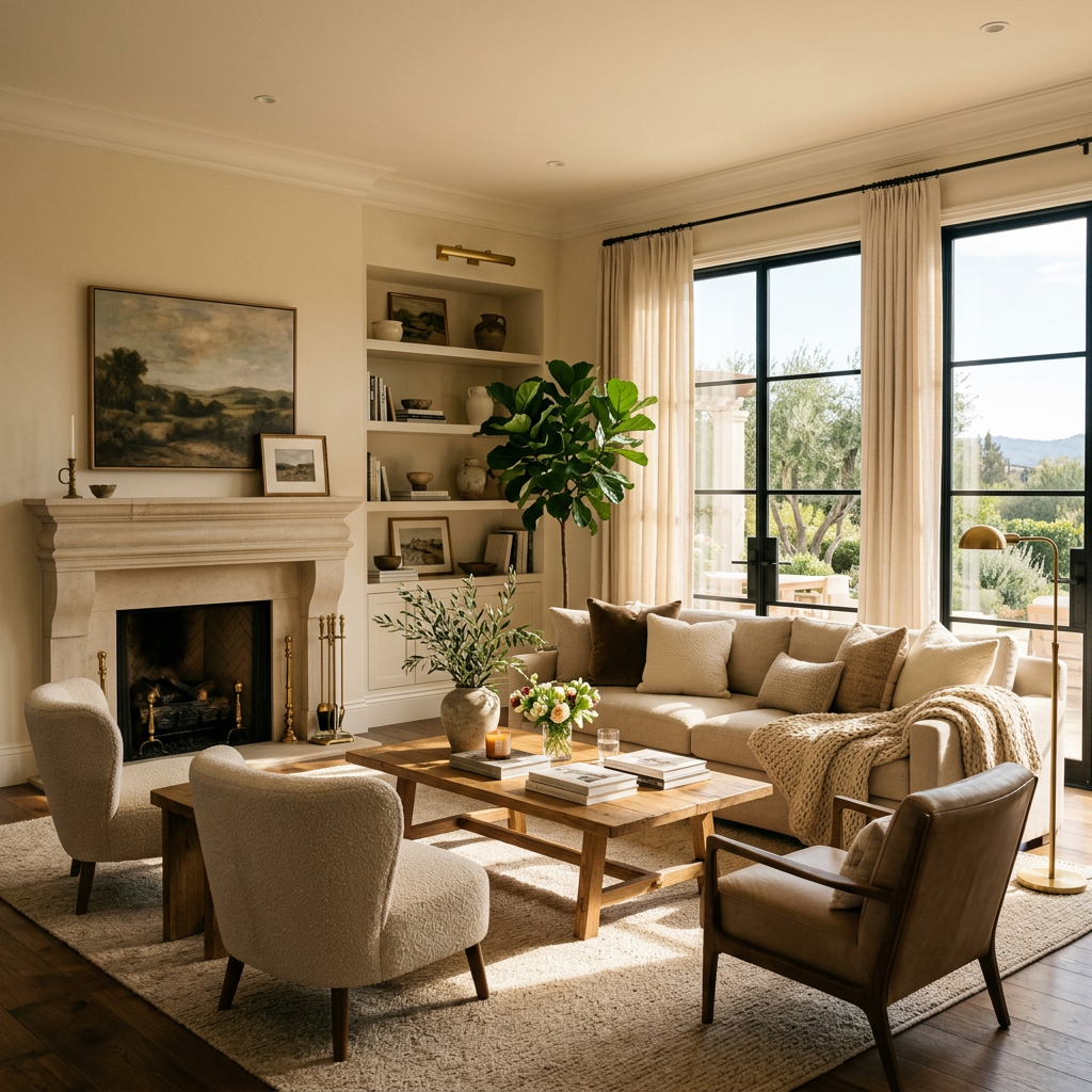 Cozy living room with beige sofa, armchairs, wooden coffee table, fireplace, and large windows.
