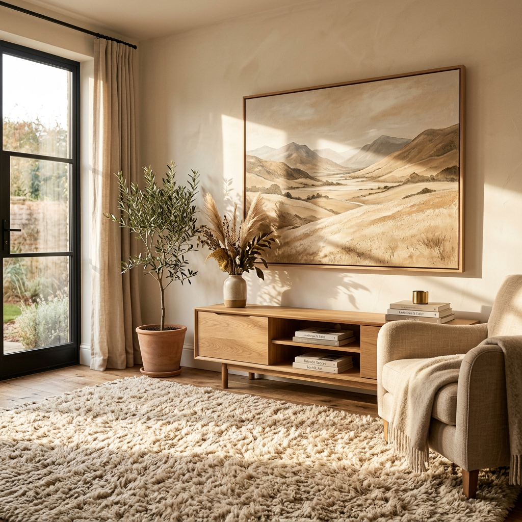 Beige landscape art, plush rug, streaming light